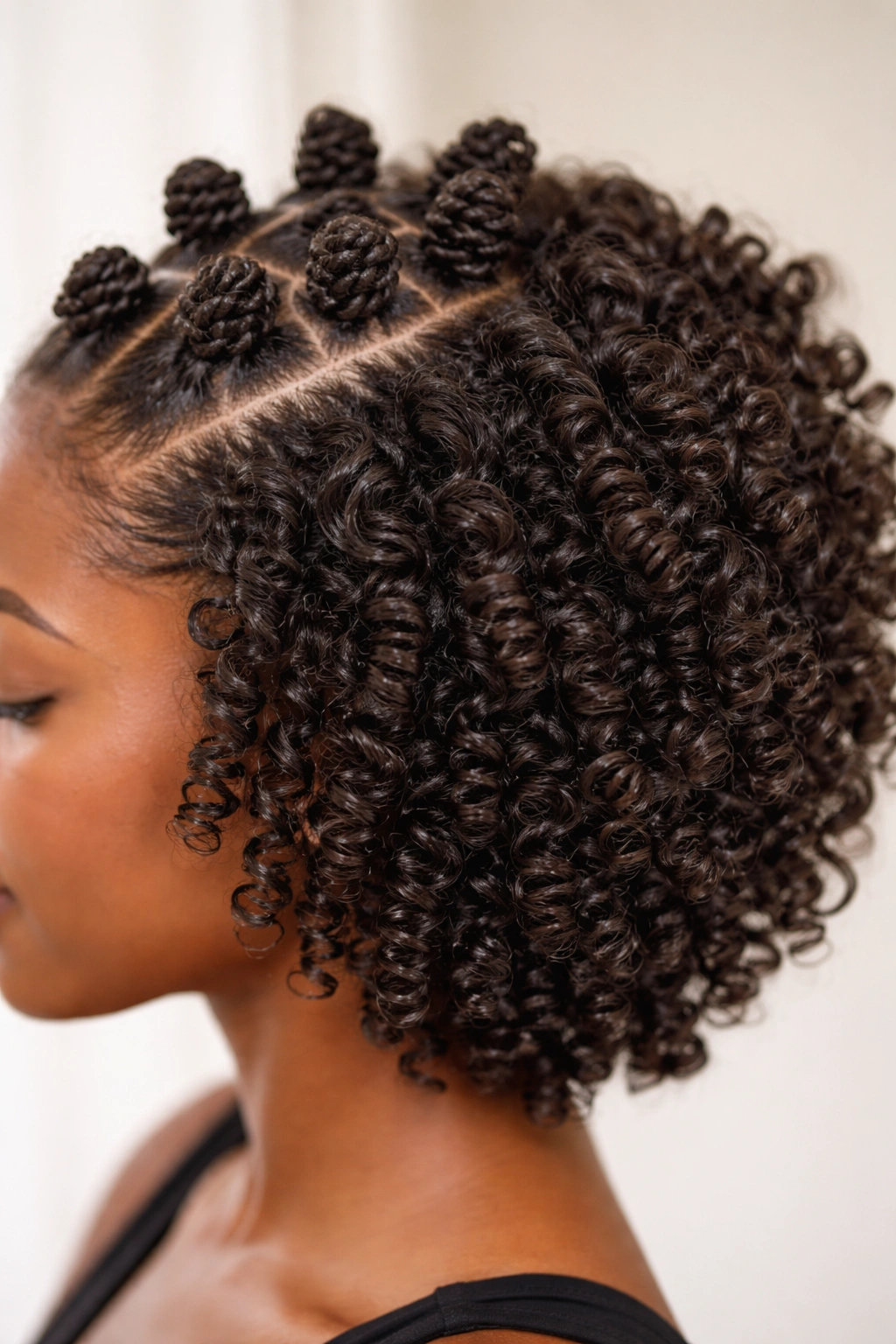Close-up of twisted knots with defined curls after release