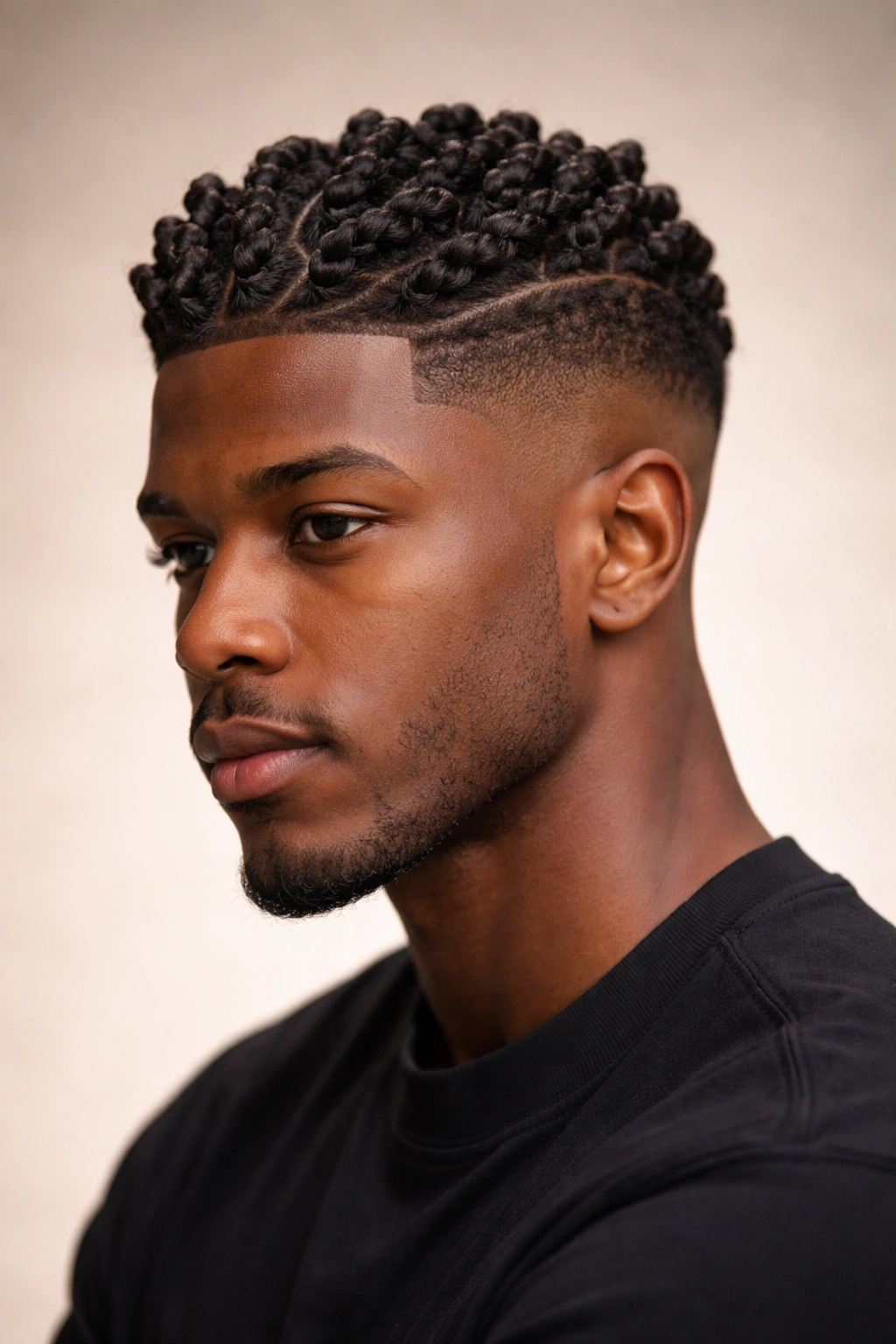 Portrait of a person with twisted knots texture on top and a clean fade on the sides.