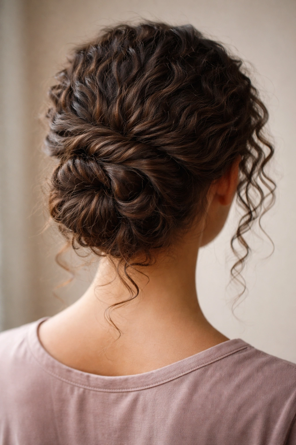 Twisted low bun on curly hair viewed from back showing texture and pins