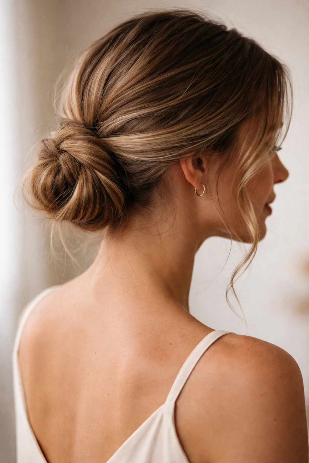 Low bun at the nape formed by two twists with loose strands