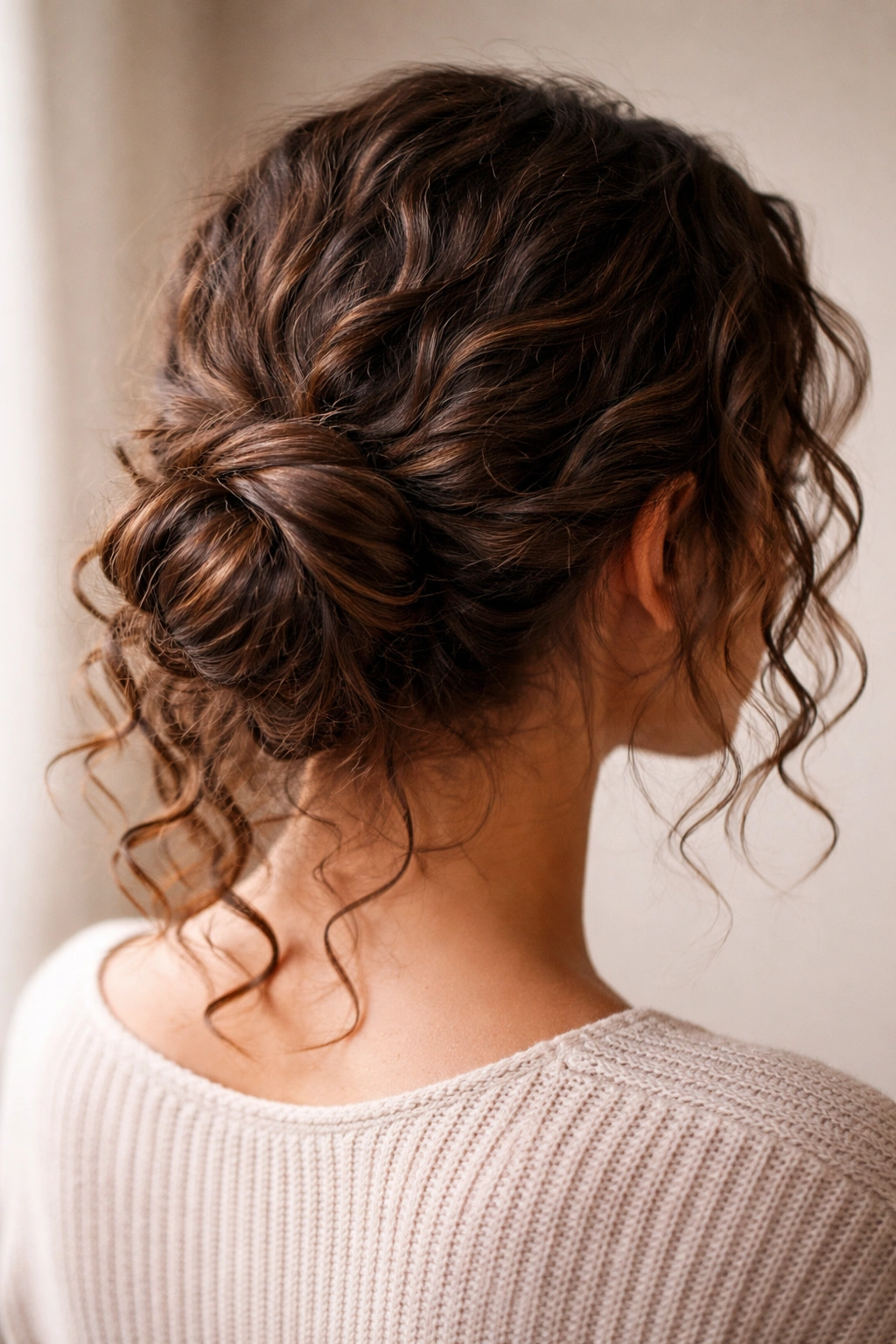 Twisted low bun at the nape with textured curls