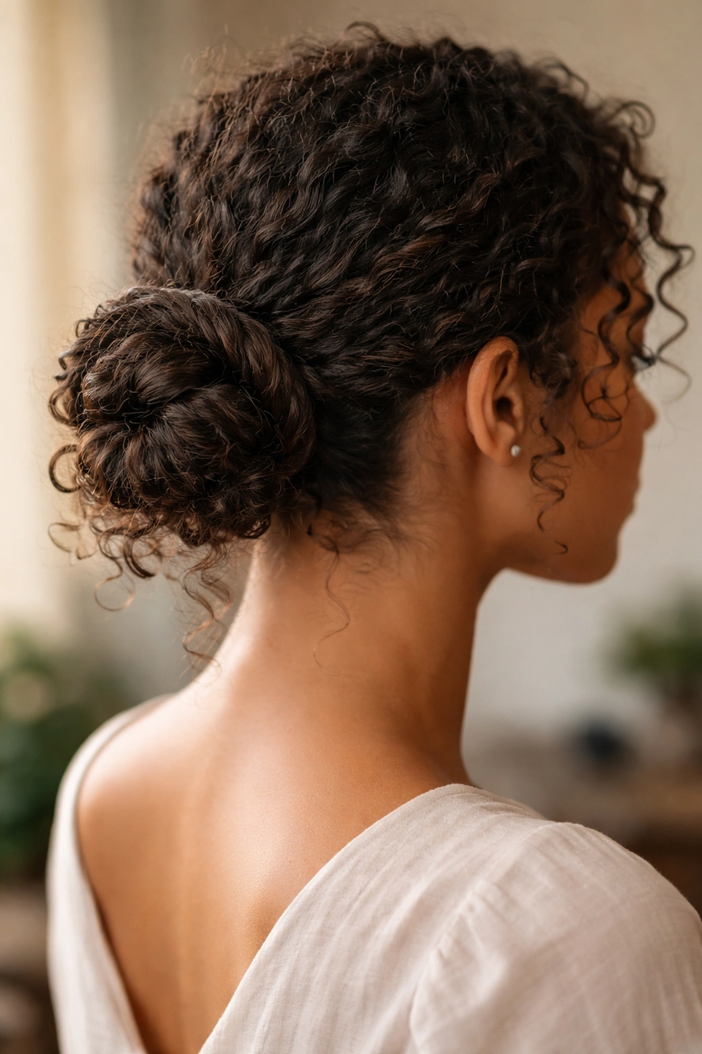 Low twisted bun with rope-like twist and preserved curls