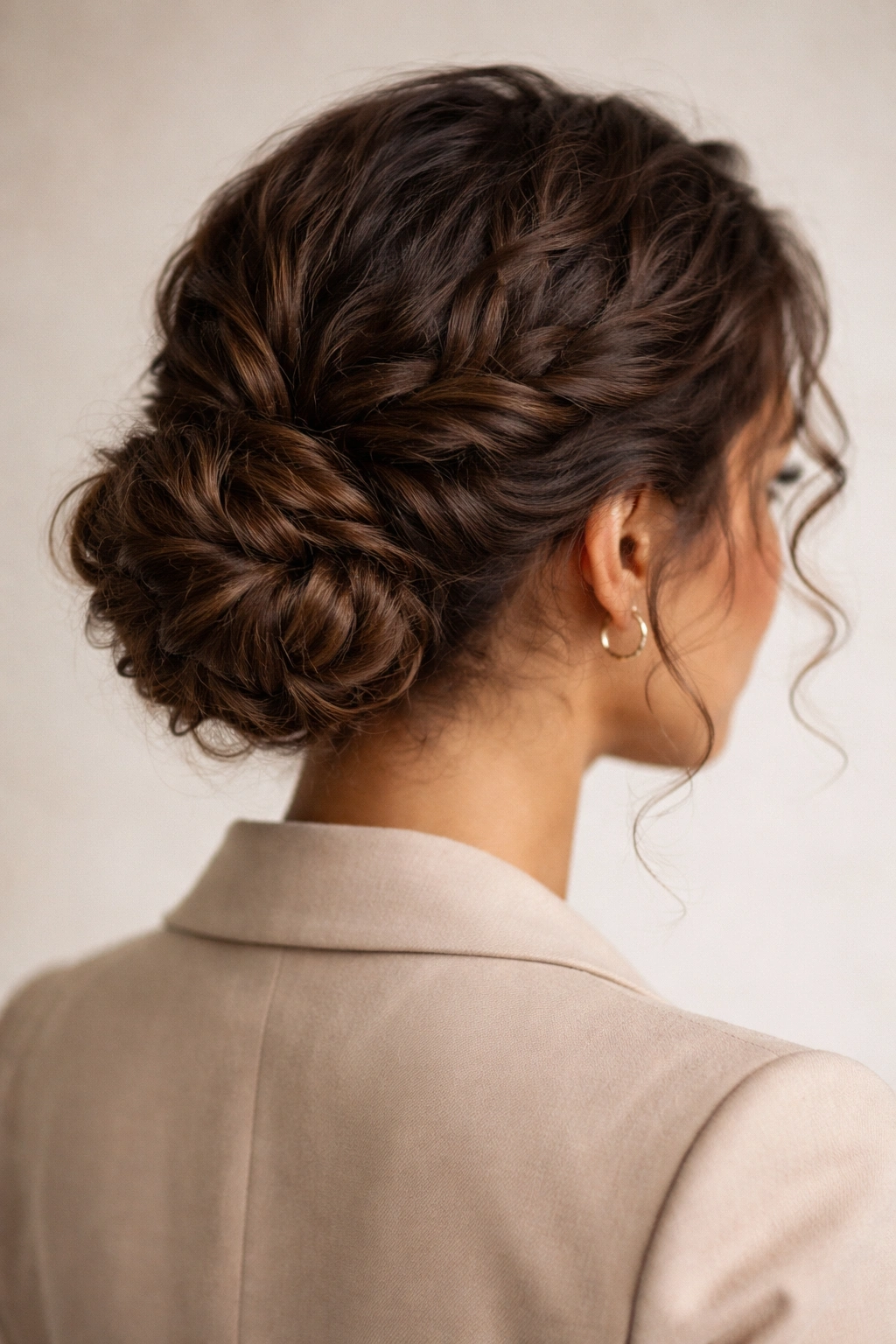 Twisted low bun on curly hair in a clean studio setting