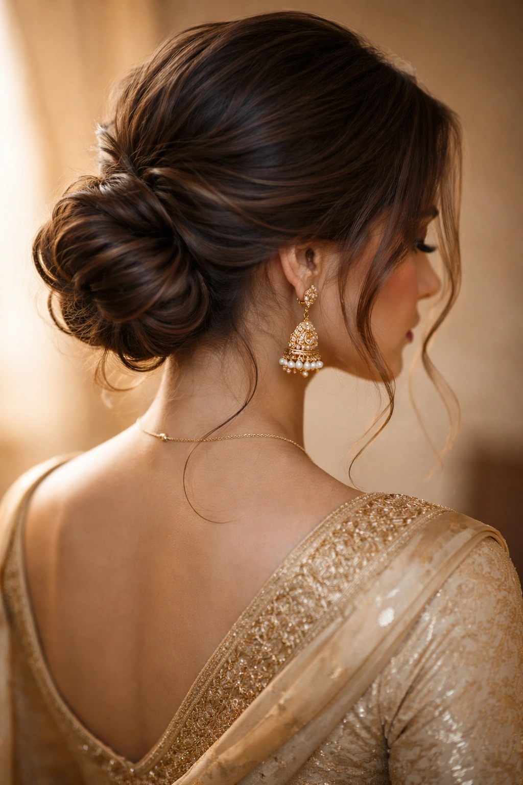 Back and side view of twisted low bun with face-framing strands