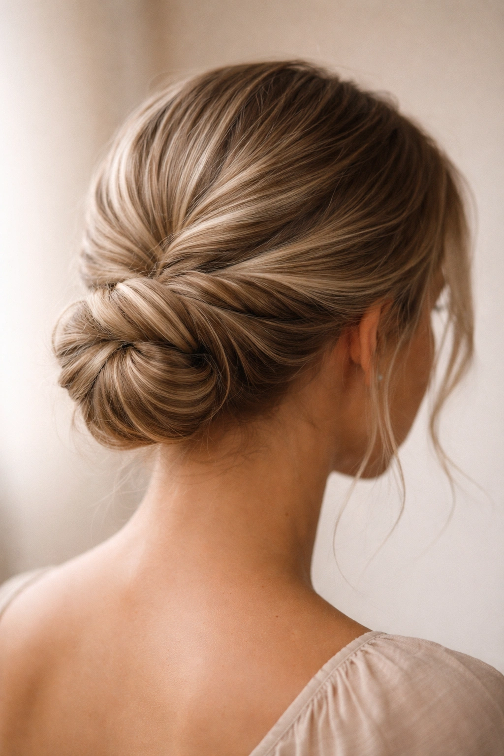 Close-up of a classic twisted low bun with a crown-to-nape two-strand twist forming a loose bun at the nape