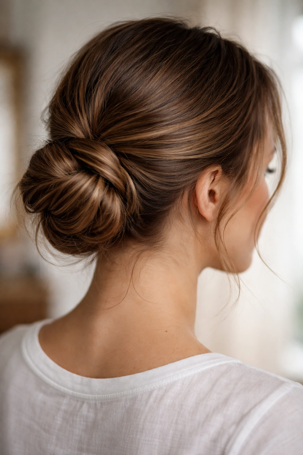 Nape-level bun formed by twisted hair sections