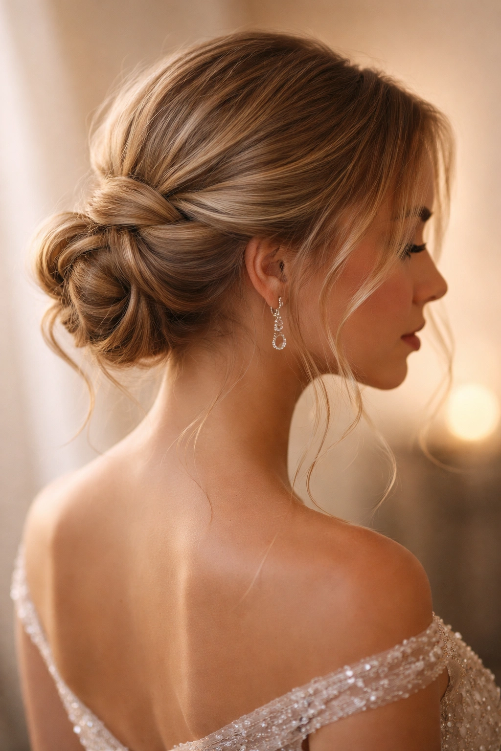 Close-up of twisted low bun with loose tendrils framing the face