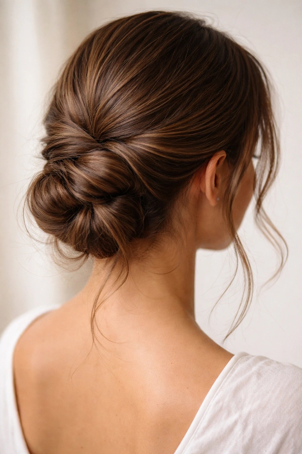 Close-up of a thick hair twisted into a low bun at the nape with subtle face-framing strands