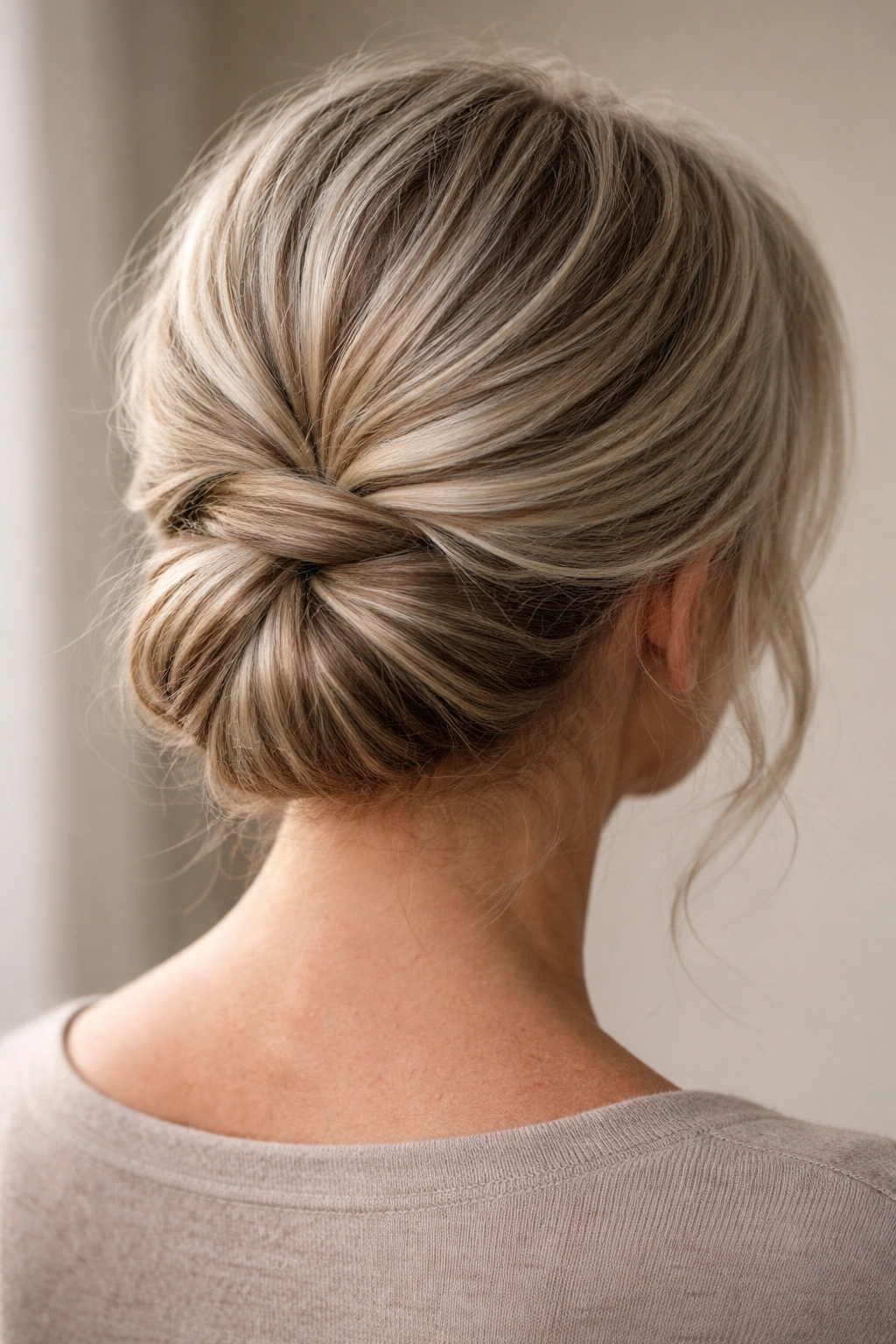 Back view of a low bun with two twisted wraps at the nape, soft edges.
