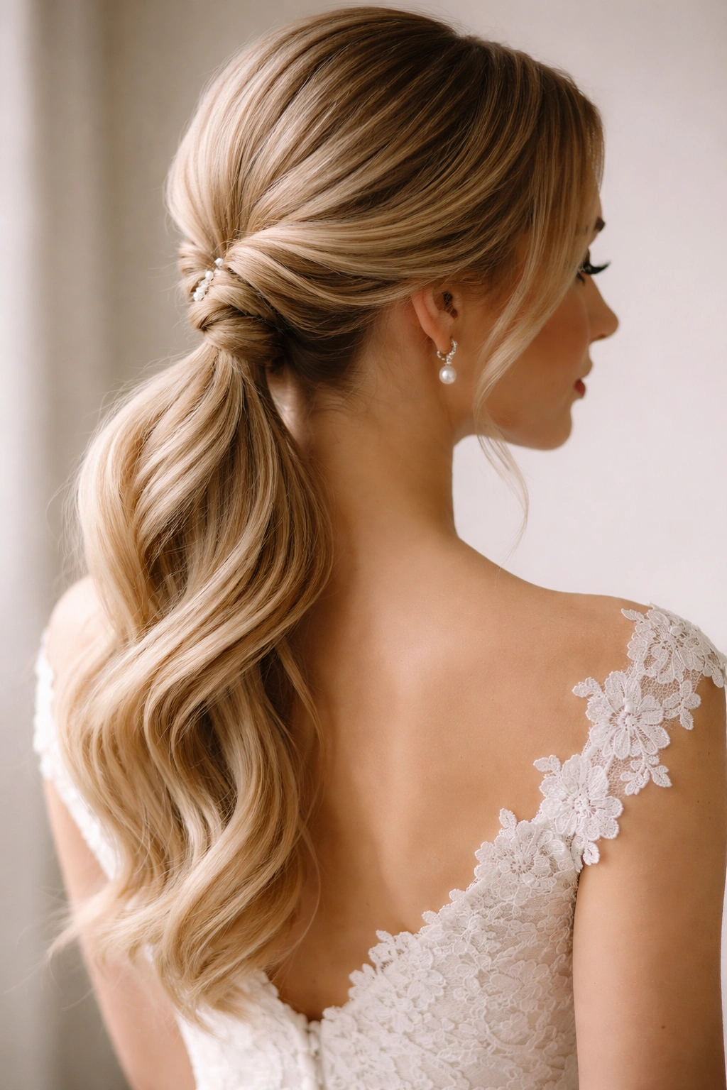 Close-up of a bridal twisted low ponytail with rope-like twists