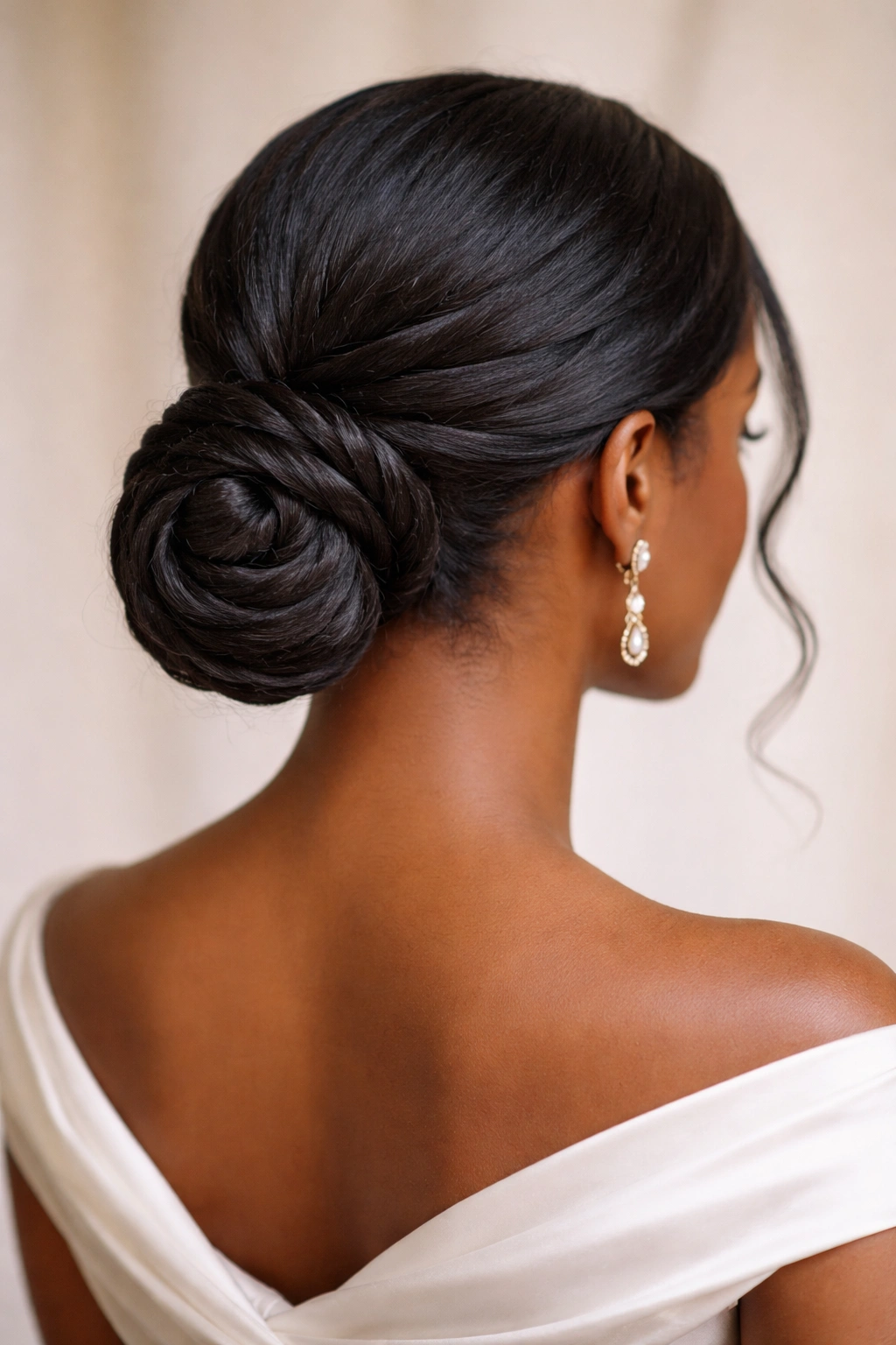 Low twisted ponytail forming a spiral bun at the nape with textured coils