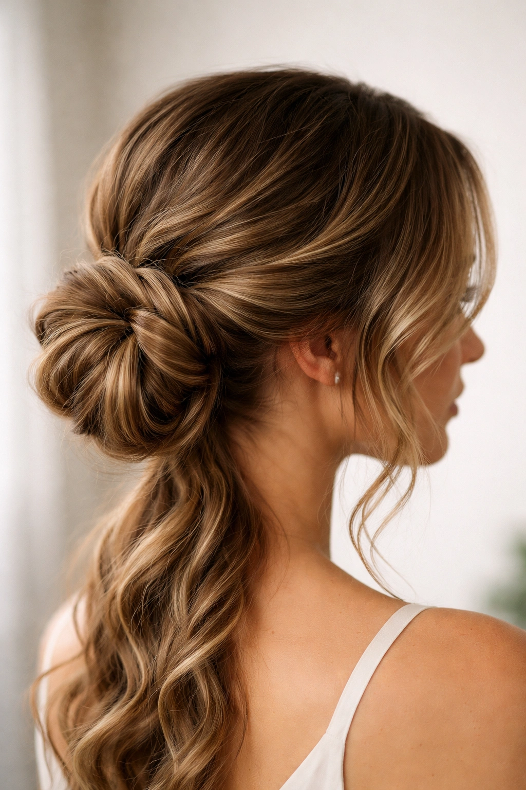 Low side twisted bun behind the ear with waves cascading over shoulder