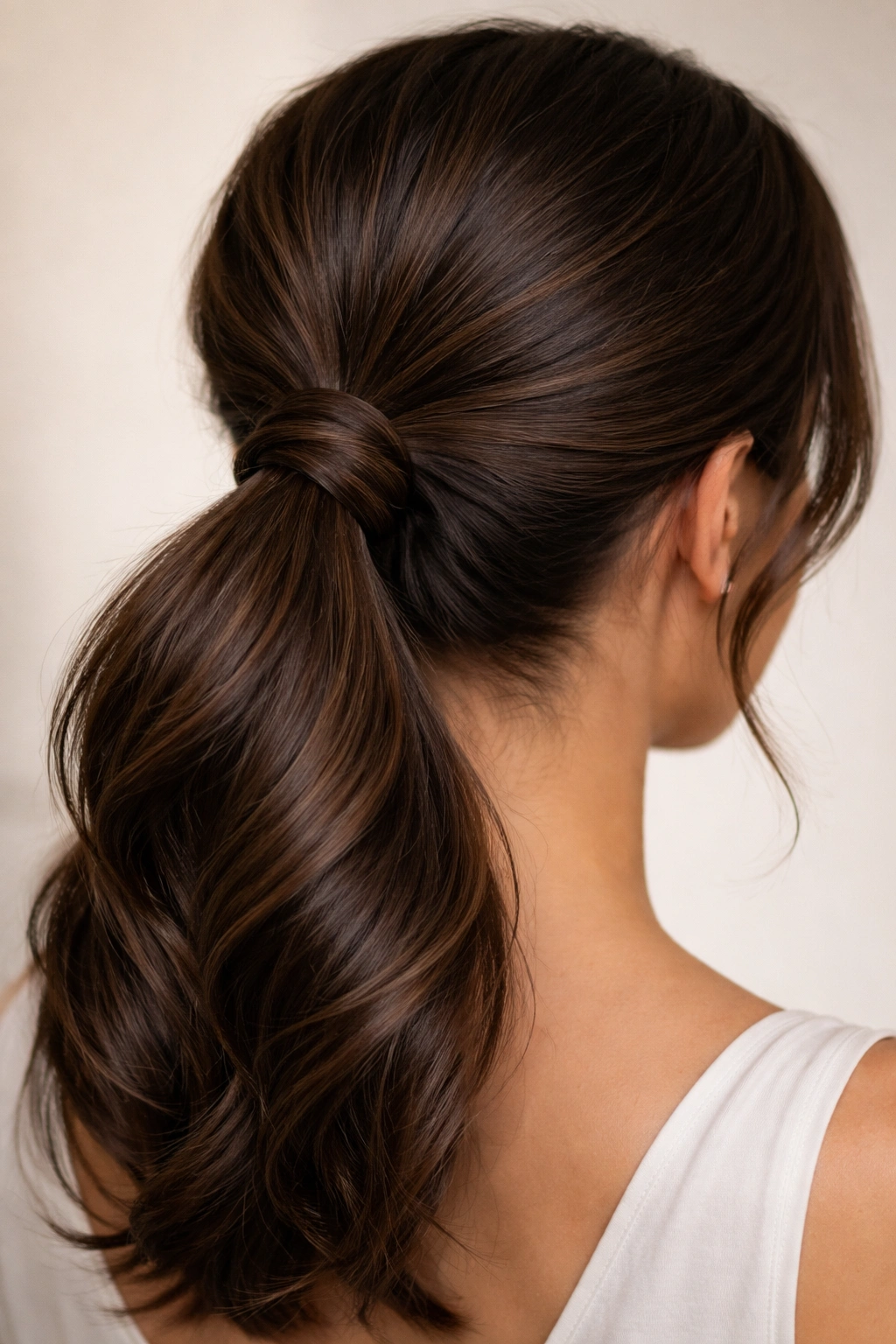 Close-up of a twisted mid-pony hairstyle showing a double-helix twist around the base