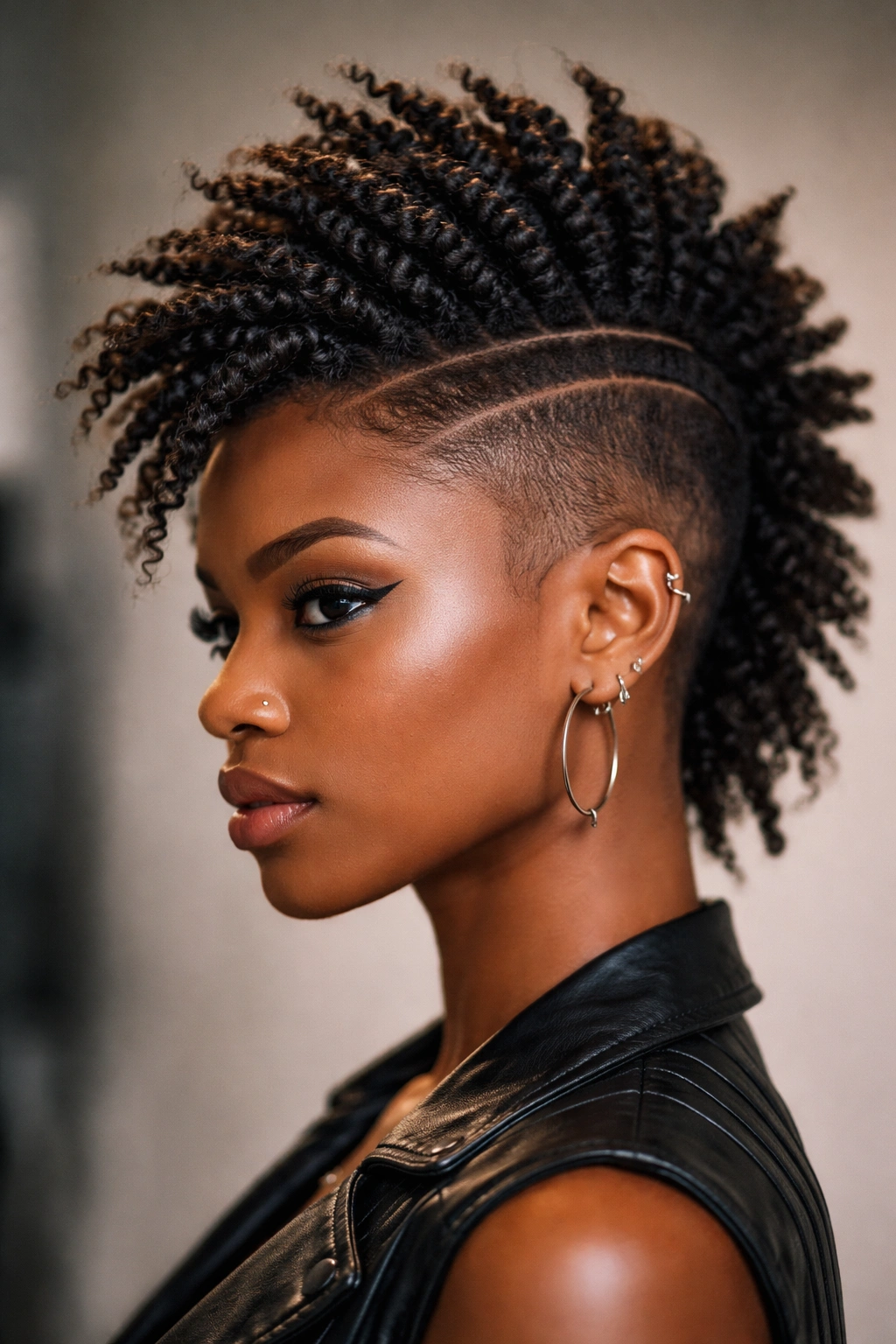 Twisted mohawk with natural texture and shaved sides