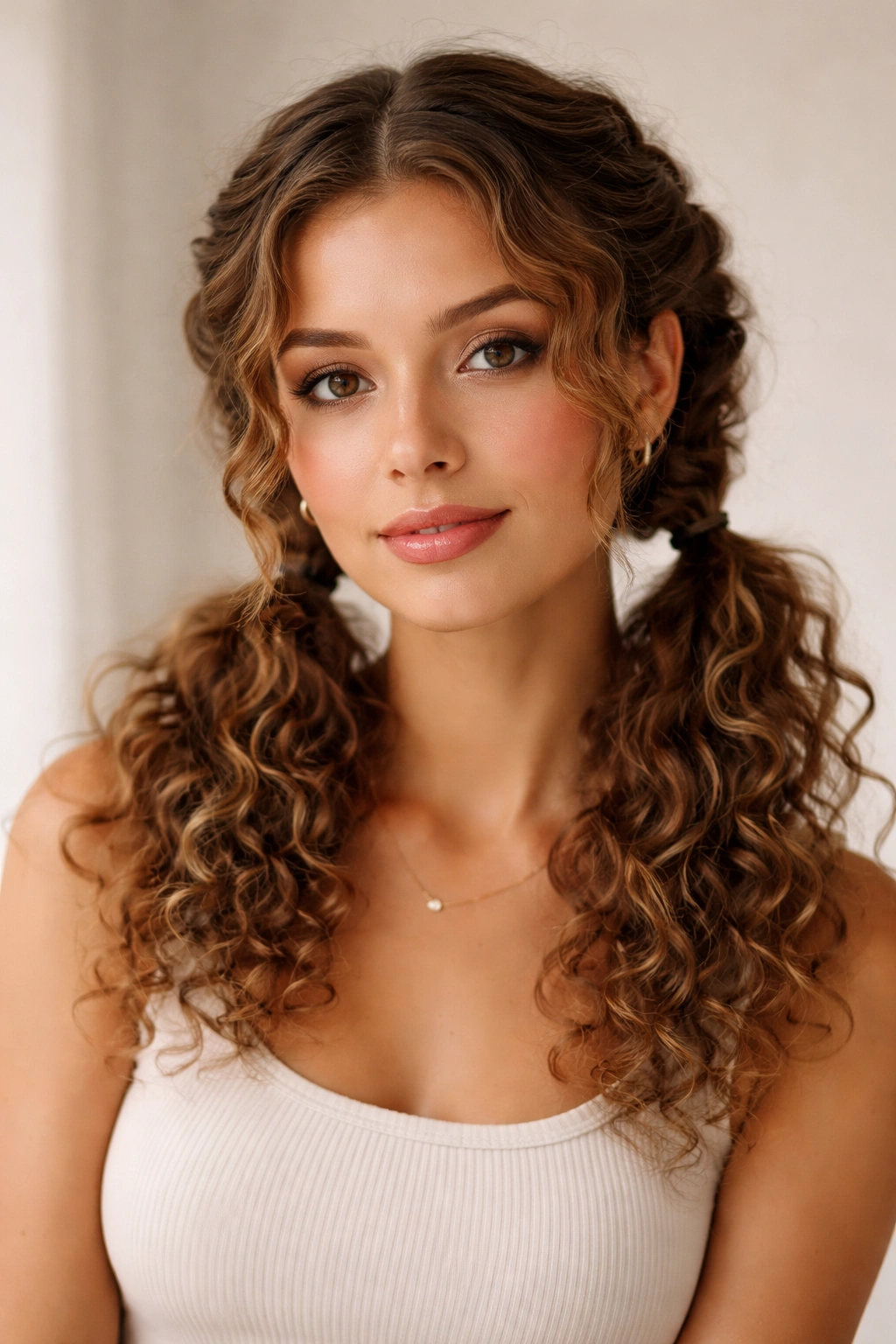 Close-up of two twisted pigtails on medium curly hair with center parting.