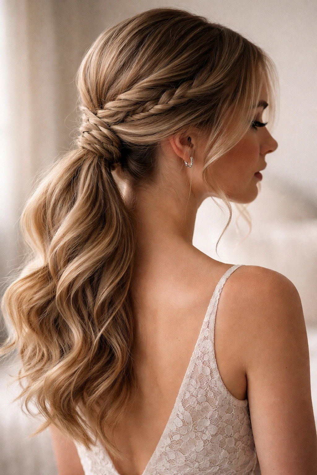 Low ponytail with twisted strands and braided detail at the nape