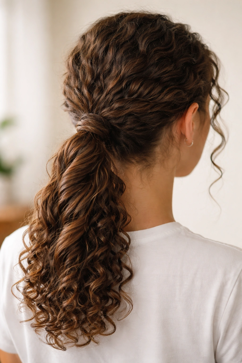 Low ponytail with a visible twist in curly hair secured at the nape