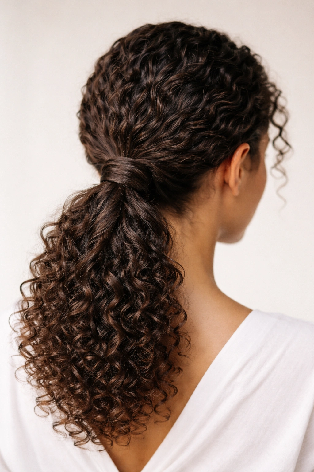 Close-up of a twisted low ponytail showing two twists around the base