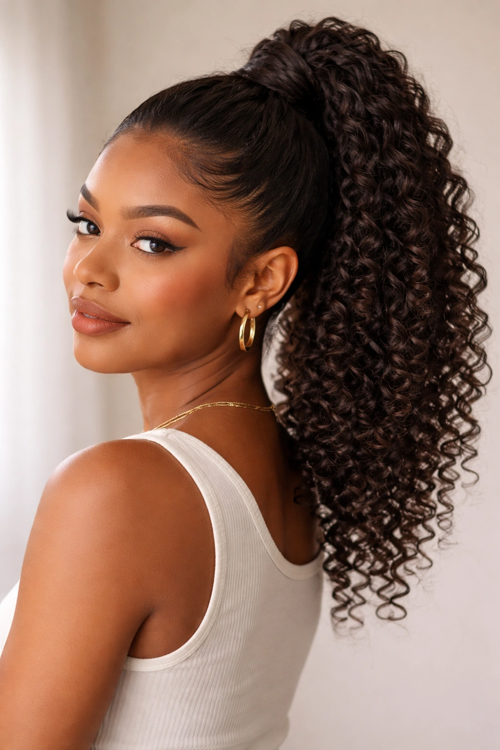 Close-up of a twisted high ponytail on curly hair, showcasing rope-like twists and defined curls.