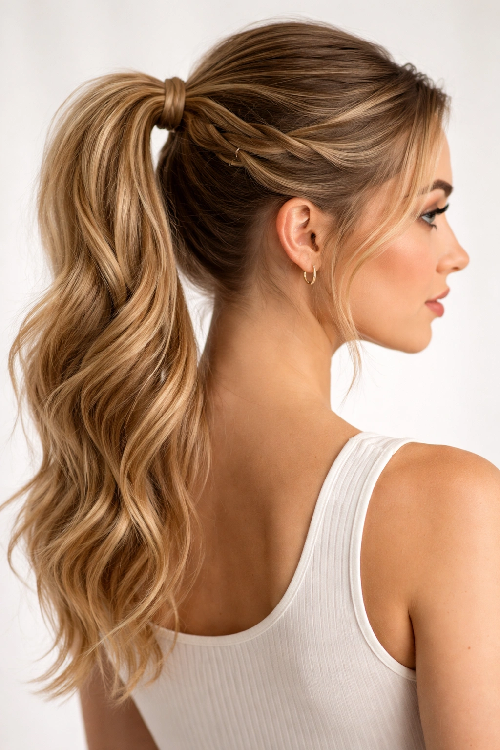 Side/Back view of twisted ponytail with rope twists