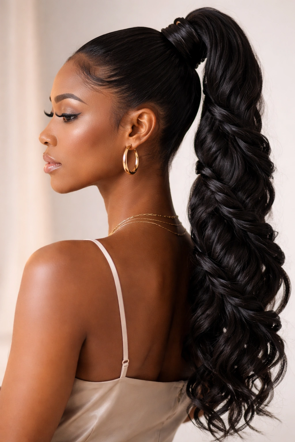 High ponytail with twists creating intricate texture.