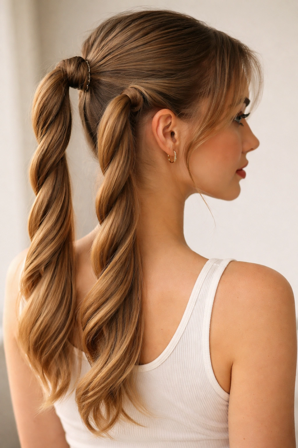 Twisted double ponytails with rope twists on each tail