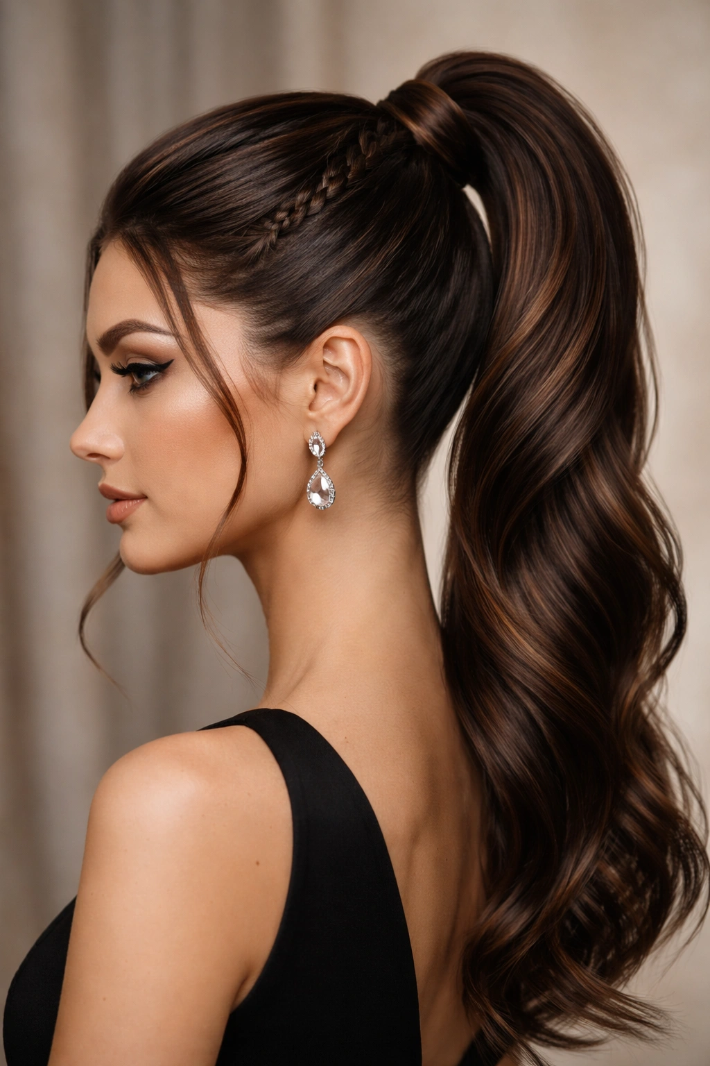 Close-up of a twisted high ponytail with rope-like spirals framing the face