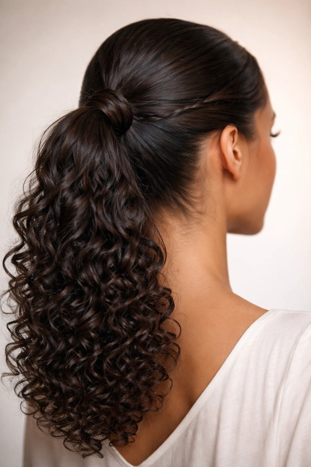Close-up of a sleek twisted ponytail with smoothed roots and defined curls