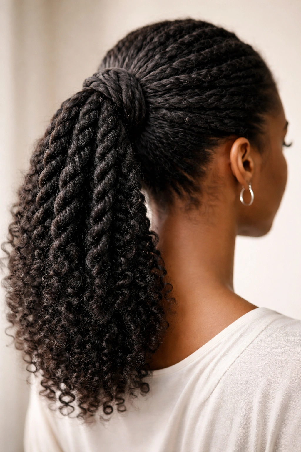 Close-up of twisted ponytail showing textured twists and definition