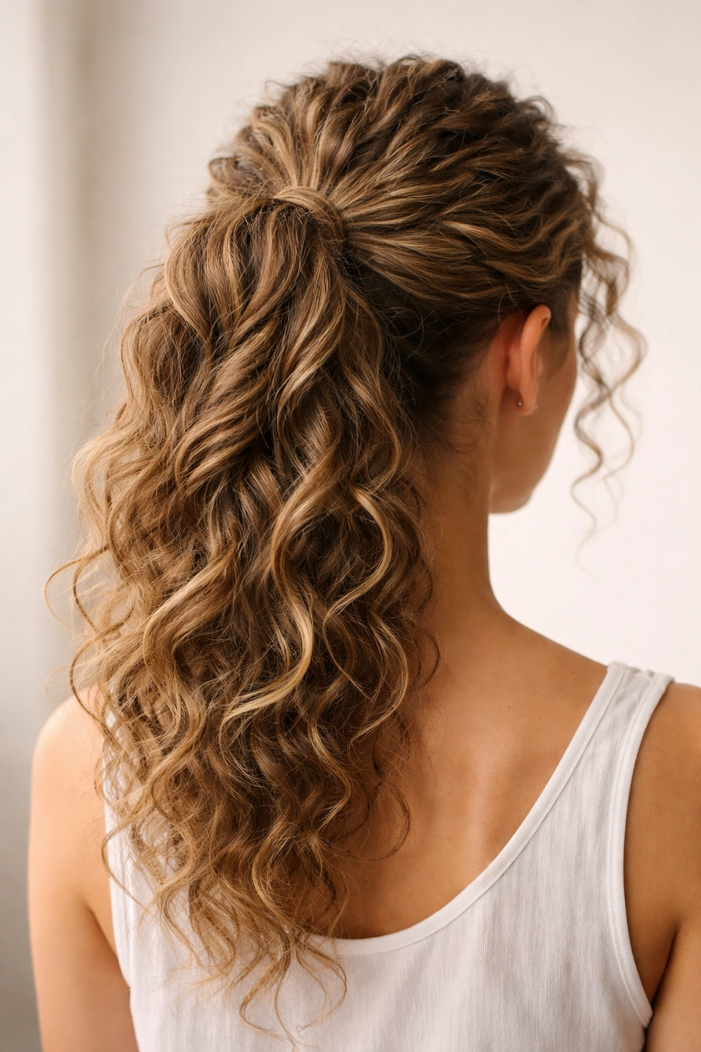 Back view of a high ponytail with twisted sections for volume