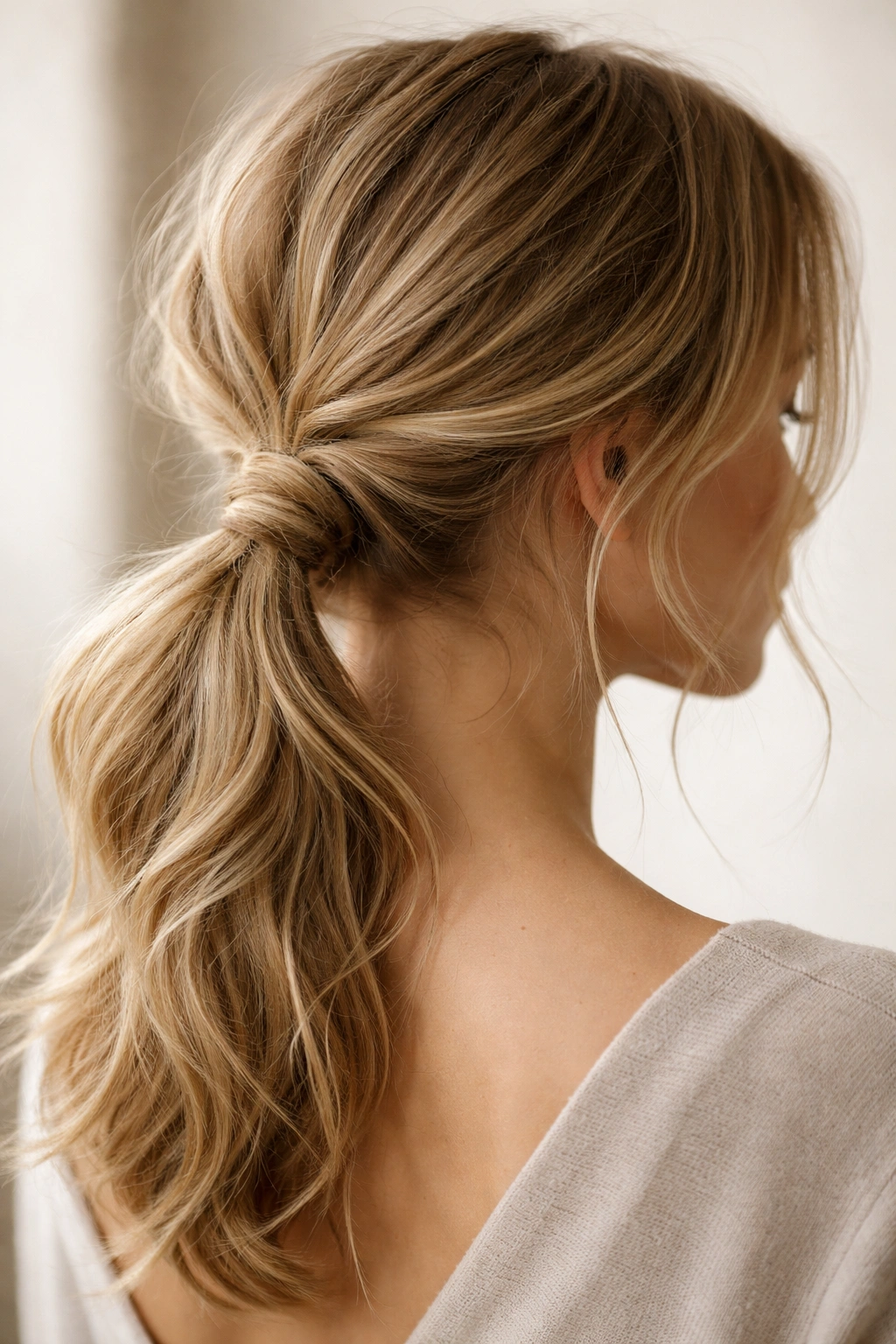 Close-up of undone twisted low ponytail with two soft twists and loose strands