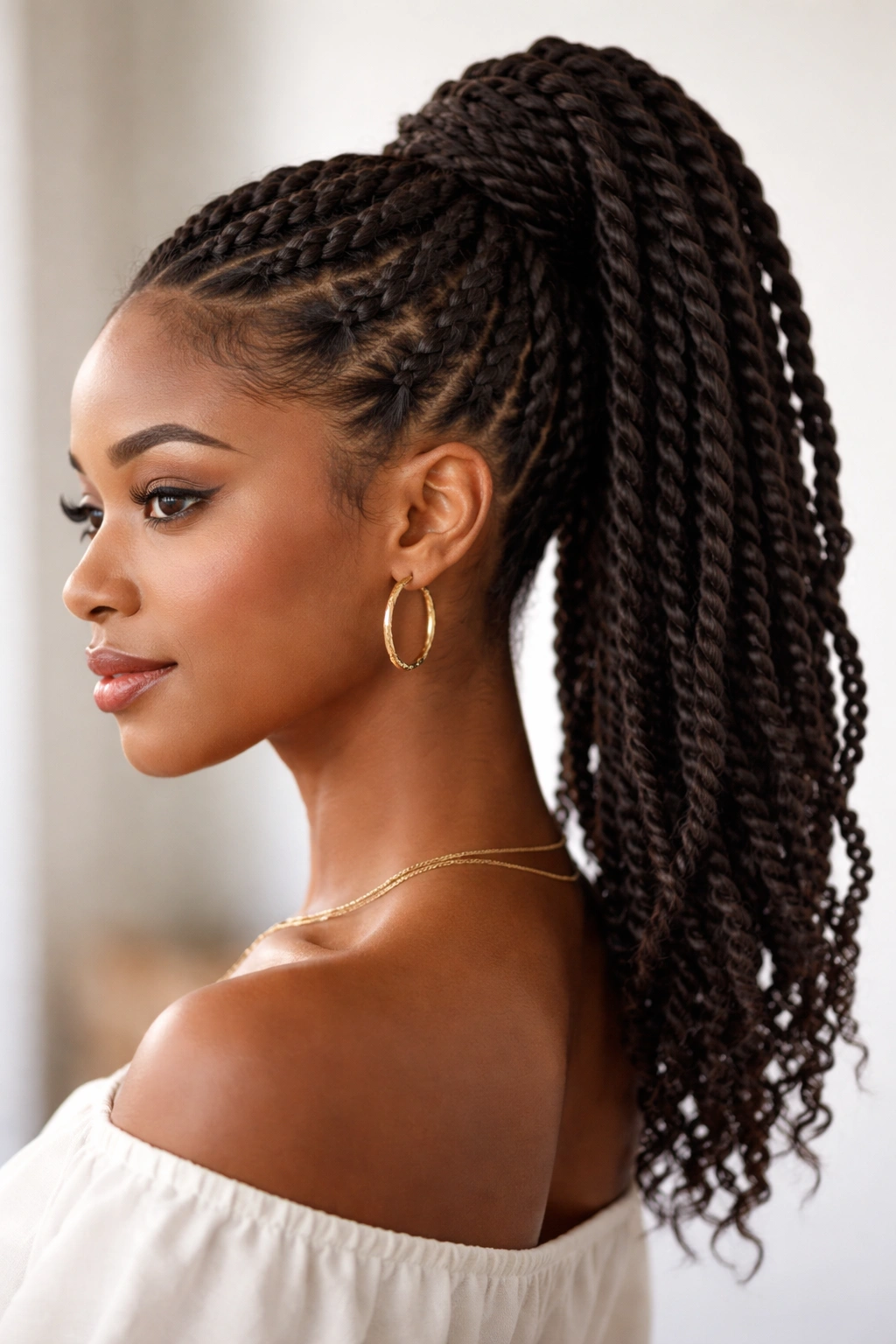 Twisted ponytail hairstyle with twists gathered into a high ponytail