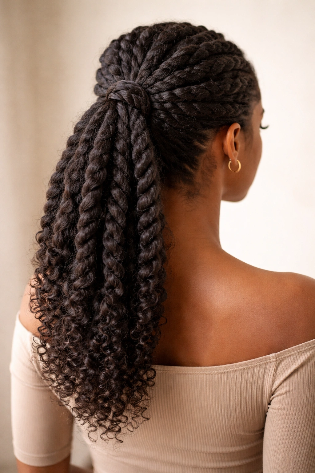 Back view of rope-twisted ponytail with volume on Afro hair
