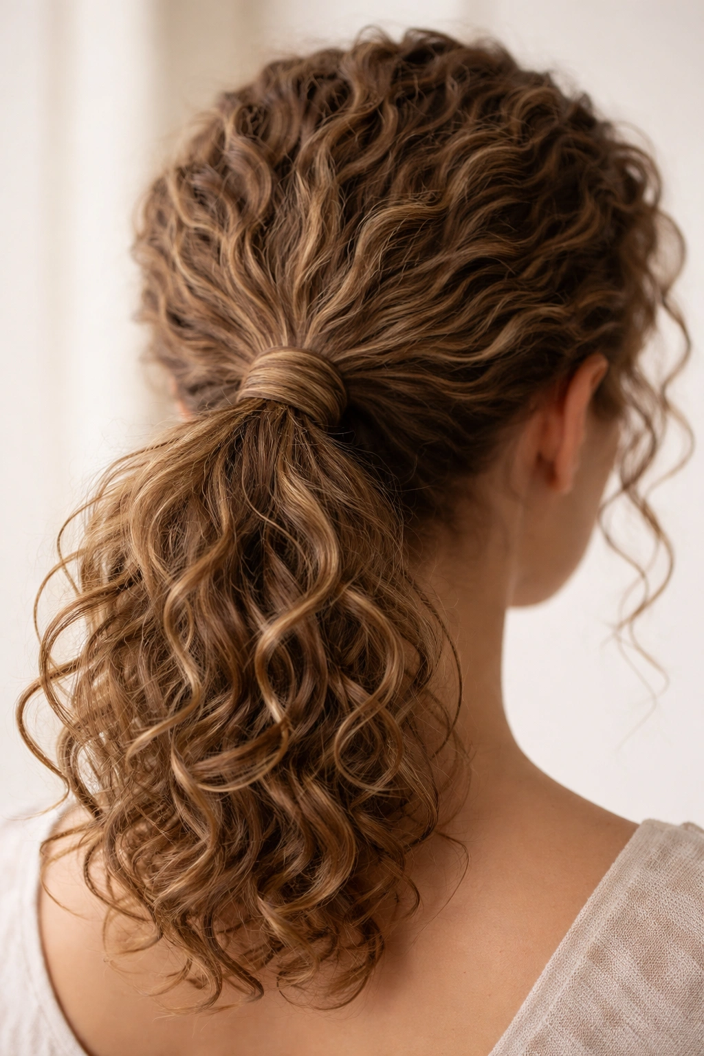 Twisted-around ponytail with wrapped base around the elastic on short curly hair