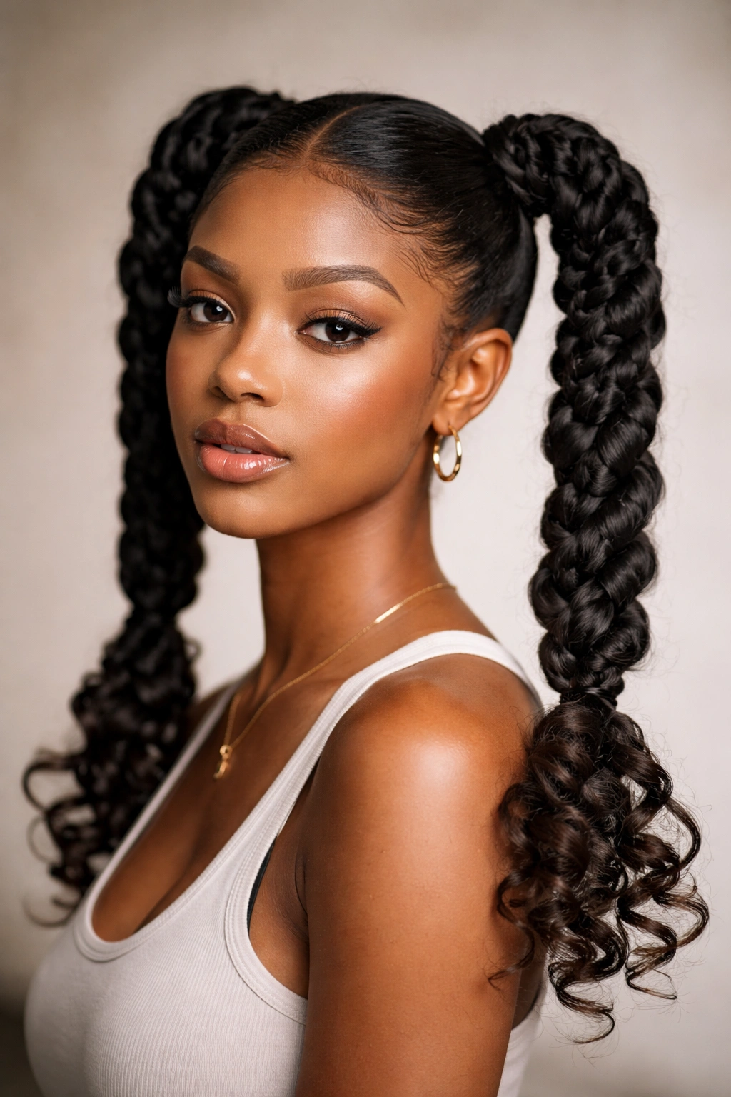 Twisted double ponytails with spiraled ends on textured hair