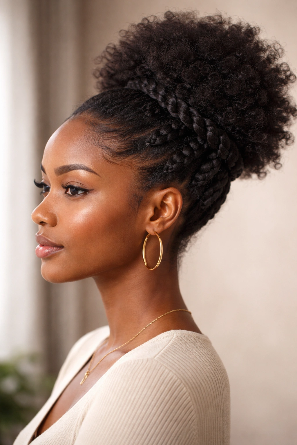 Side profile of a high puff with crown twists creating dimension