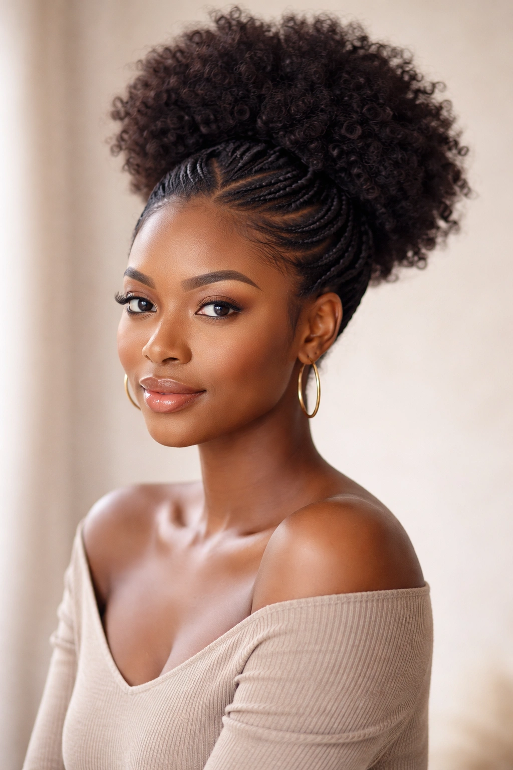 Close-up of a Black woman with a twisted puff hairstyle featuring spiraled twists around a central puff