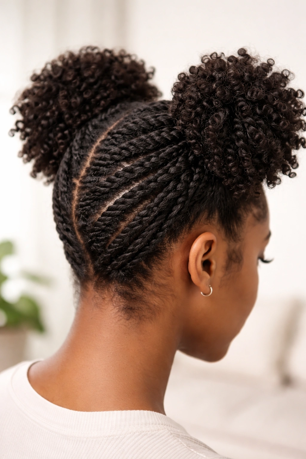 Twisted puff style with two-strand twists formed into two puffs.