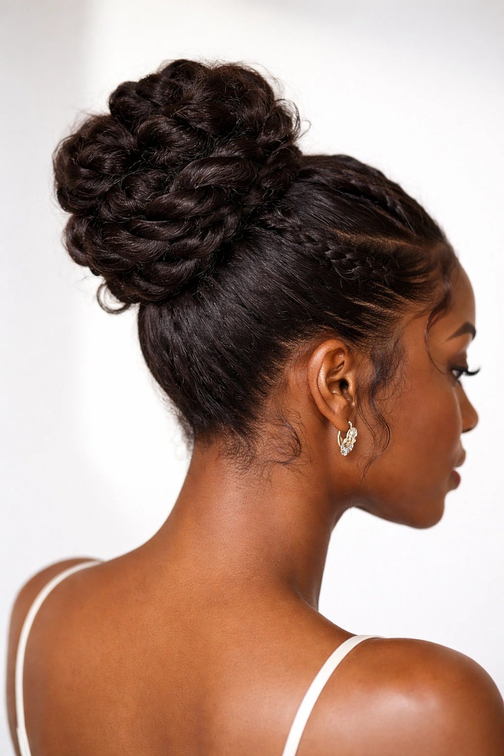 Twisted rope bun with multiple rope twists around a high ponytail.