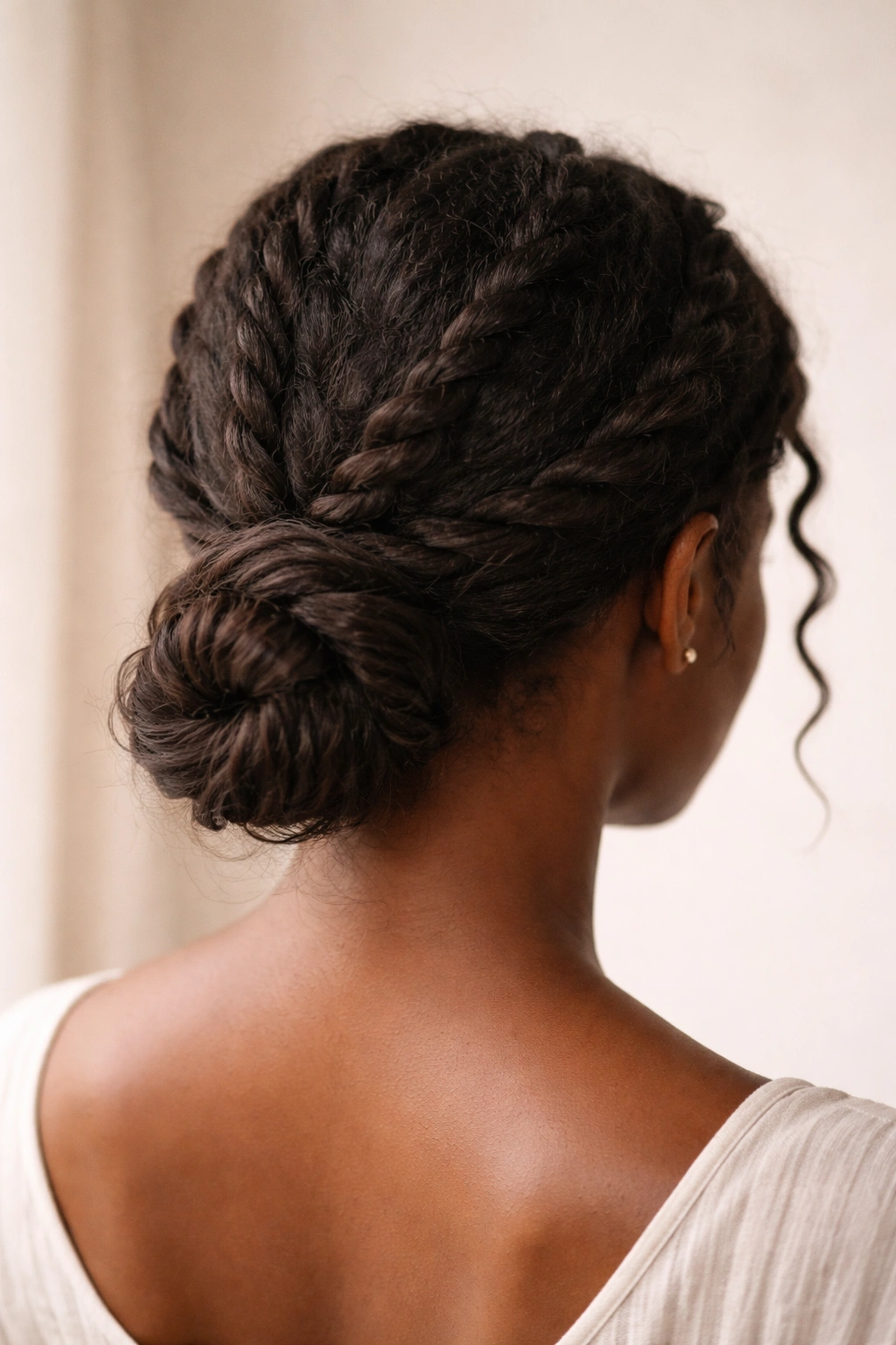 Back view of The Twisted Rope Low Bun showing two-strand rope twists into a low bun