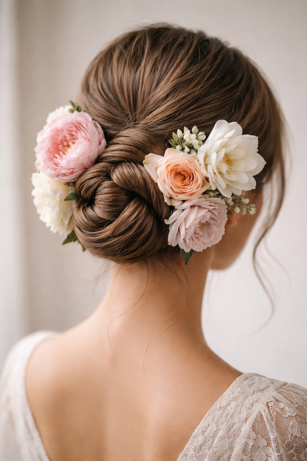Close-up of twisted rope bun with bold blooms around the edges