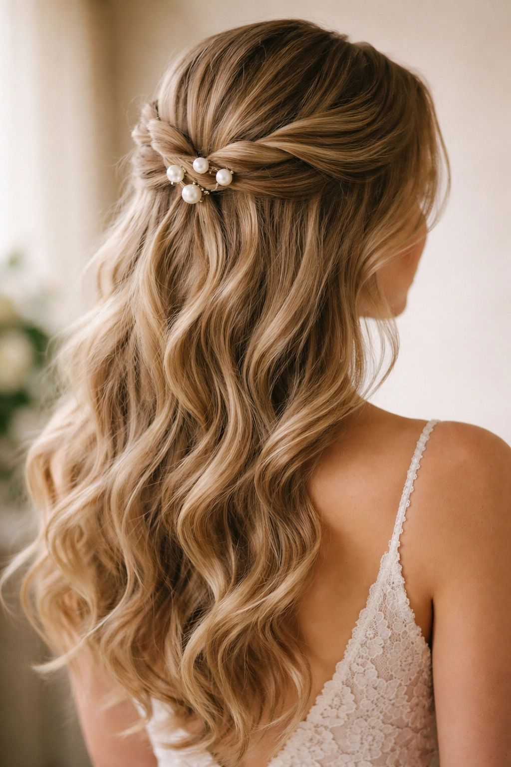 Close-up profile of twisted rope half-up with pearl pins at the crown