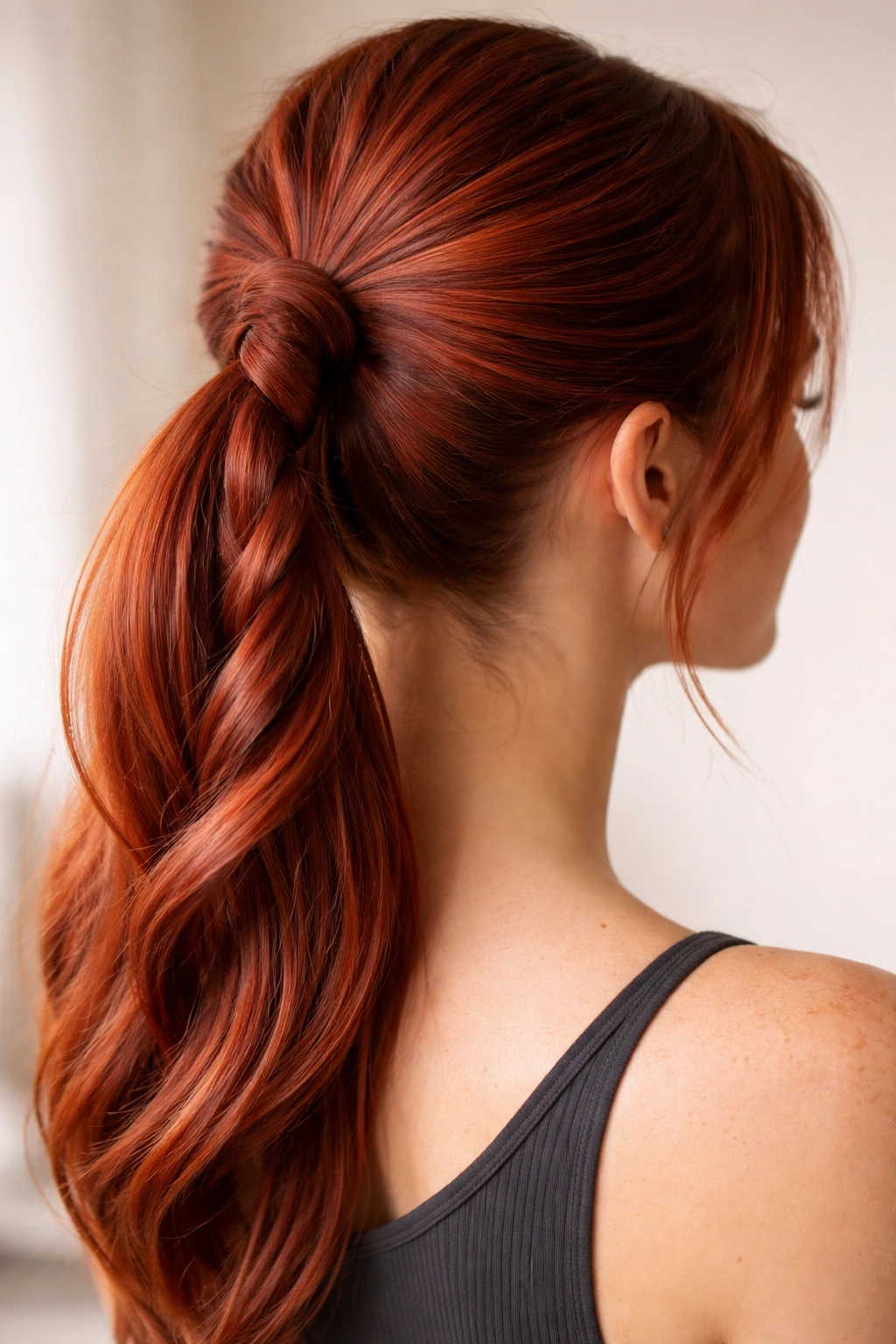 Close-up of a twisted rope ponytail on red hair showing two twisted sections forming a back ponytail