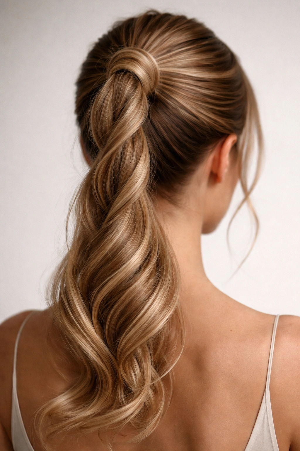 High ponytail with rope-like twisted sections around the bun for texture