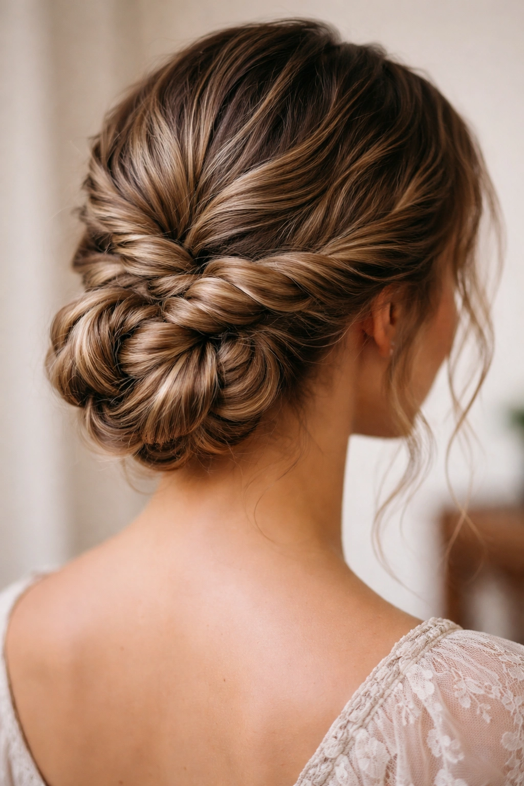 Two rope twists coiled into a nape updo on wavy hair