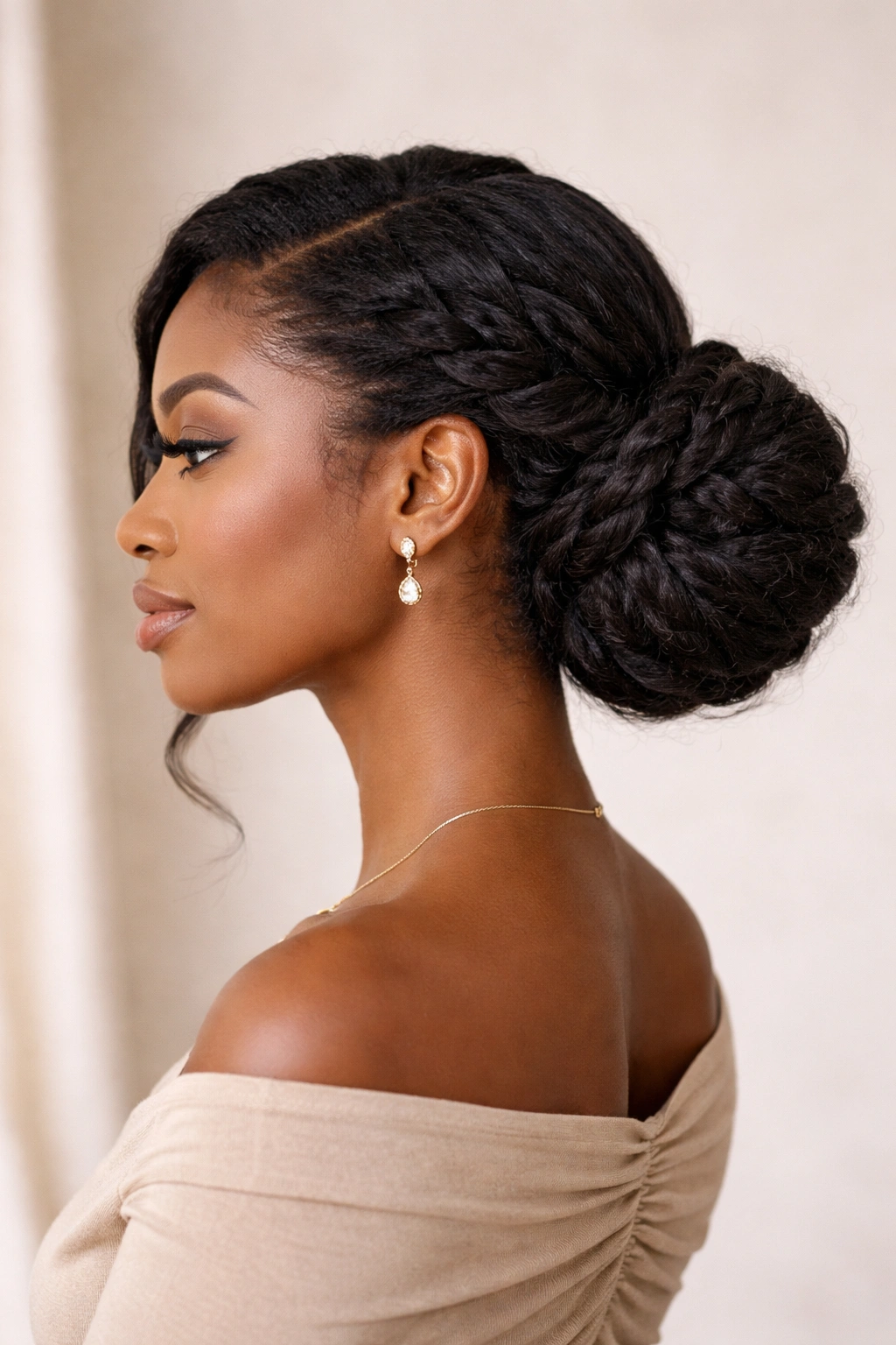 Side view of a twisted side bun over the ear.