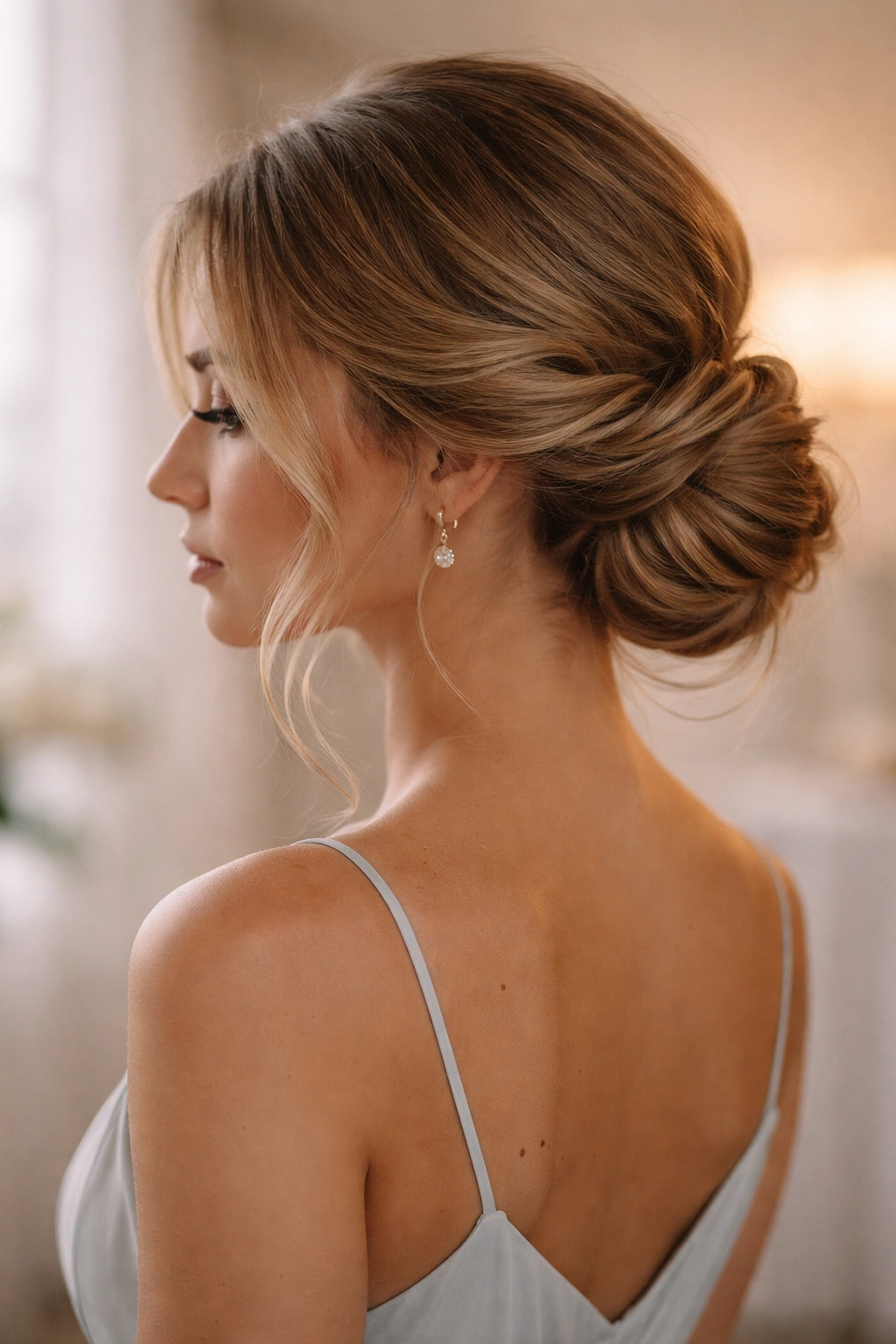 Low, off-center twisted side bun on bridesmaid with wispy pieces