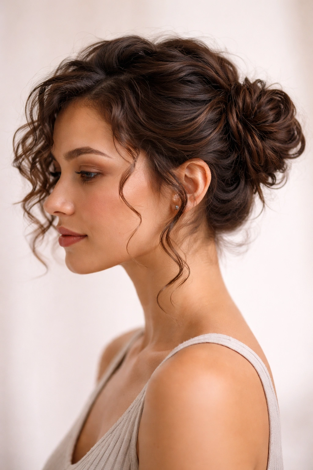 Profile view of a twisted side bun on short curly hair