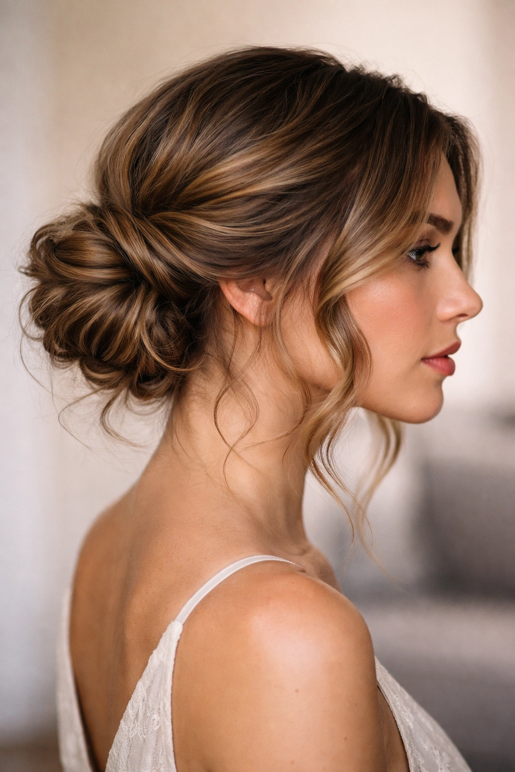 Side view of a wavy hair twisted side bun with deep side part