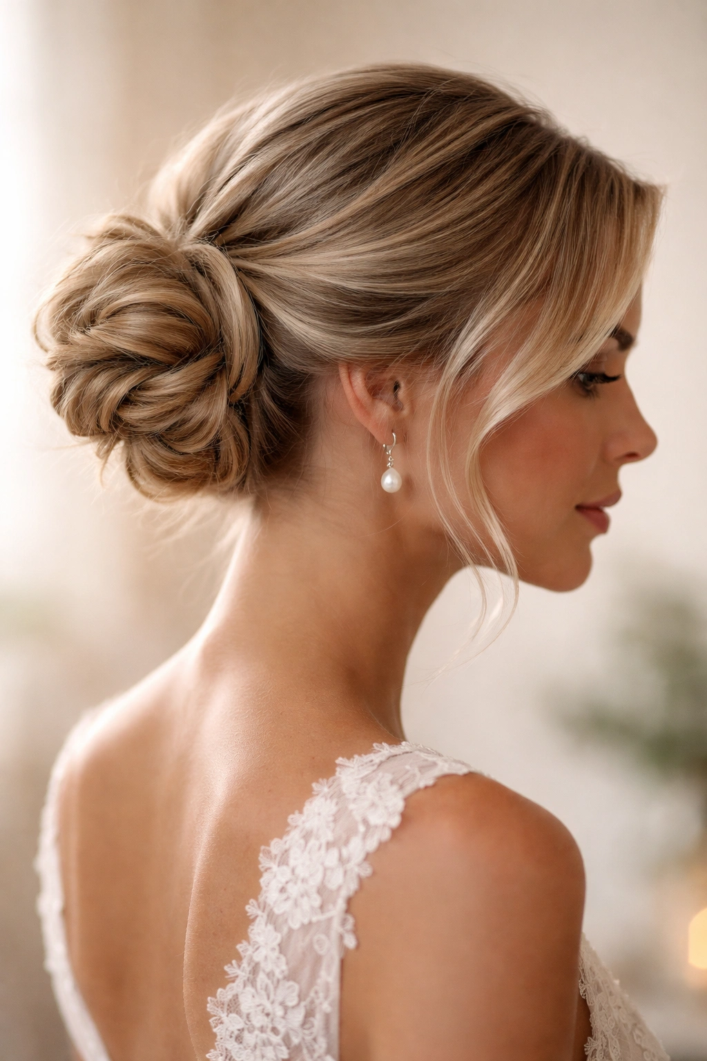 Profile view of a twisted side bun with hair gathered to one side